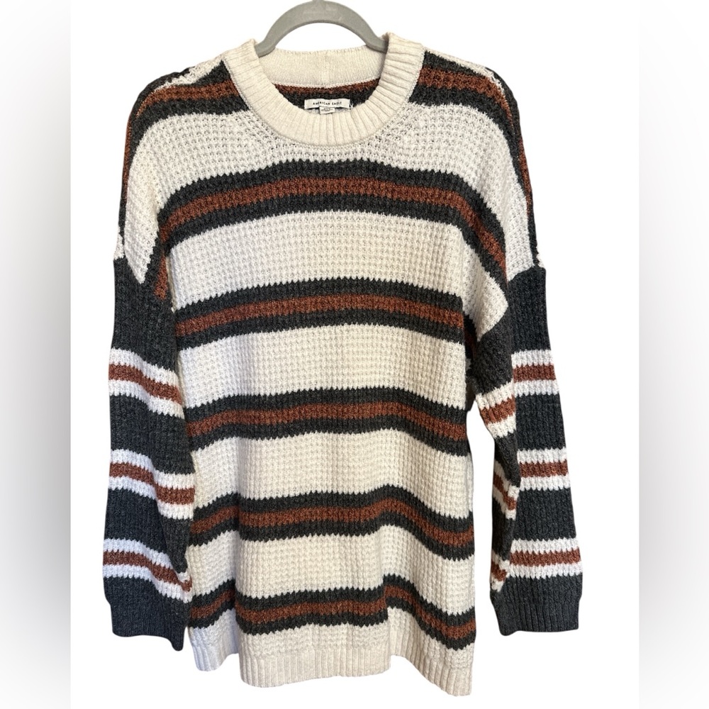 American Eagle Outfitters Crew Neck Sweater Grey/Brown/White Striped Mens M EUC
